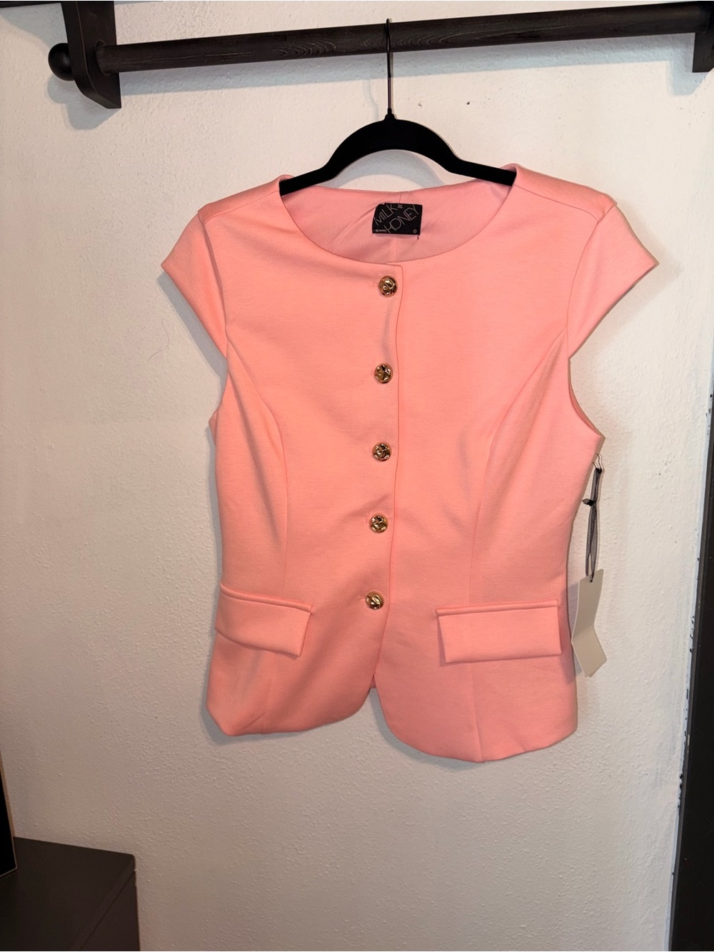 Milly Pink Cap-Sleeve Button Front Top with Gold Buttons